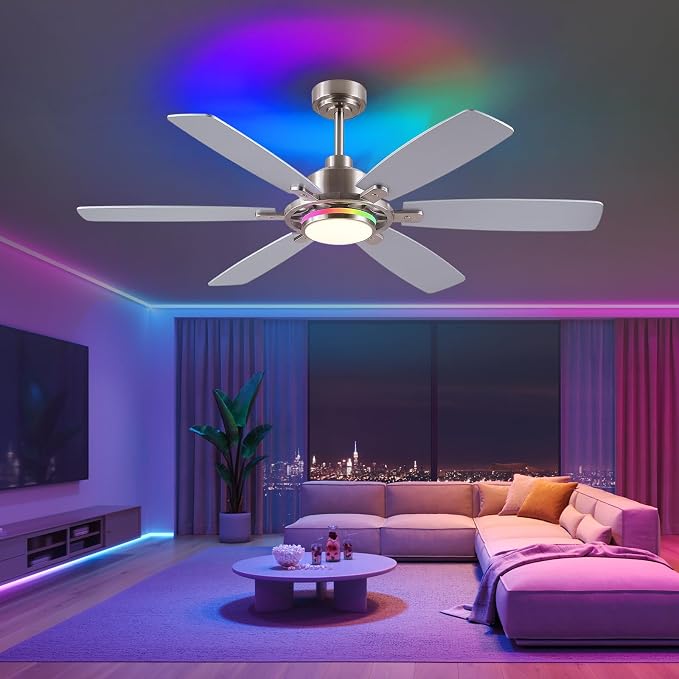 SHIHOT 54" Modern Sand Nickel 6-Blade RGB Ceiling Fans with Lights & Remote | 14 RGB Modes ,6 Wind Speeds, Reversible, Dimmable 3 CCT LED, 30W Quiet DC Motor,6 Double-Sided Blades,for Bedroom Kidsroom