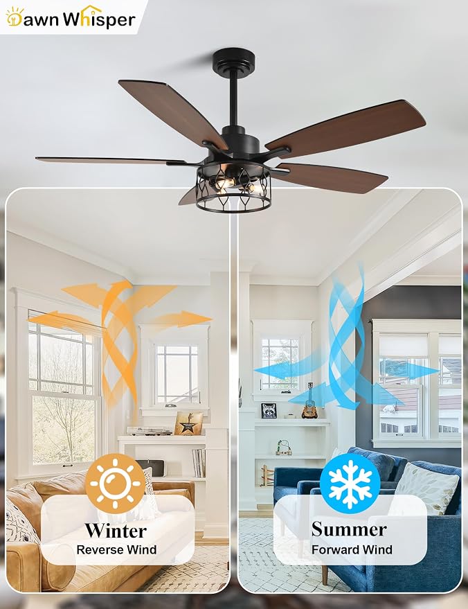 Dawn Whisper 52 Inch Black Ceiling Fans with Lights Farmhouse Ceiling Fan with Remote for Bedroom Living Room Caged Classic Chandelier Fan for Indoor(NO Bulbs
