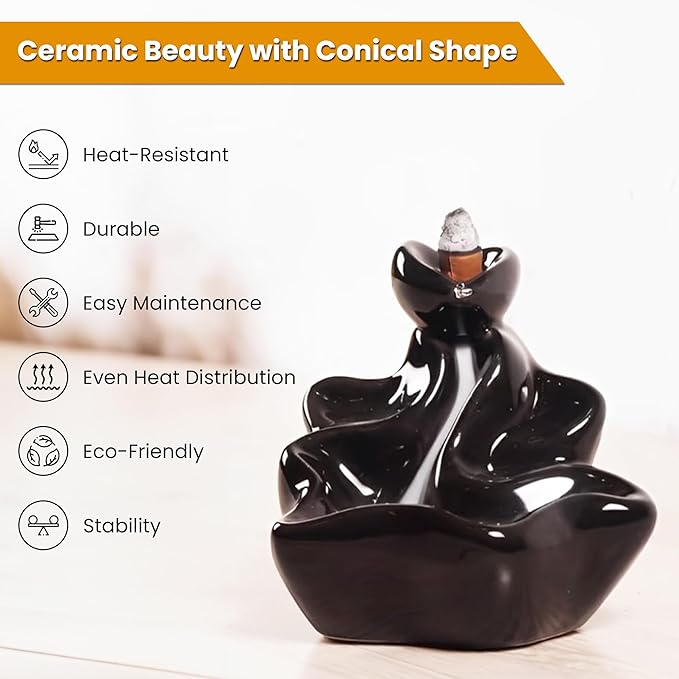 Ceramic Backflow Incense Holder Smoke Waterfall Burner Set with 120 Backflow Incense Cones, 30 Incense Sticks & Premium Accessories for Aromatherapy Home Decor