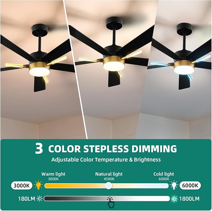 YITAHOME 42 Inch Ceiling Fans with Lights and Remote, 5 Blades with Crystal Rod Design, Modern Black Gold Ceiling Fan with Reversible Quiet Motor, 3 Colors Stepless Dimming for Home, Black Gold | 5 Blades with Crystal Rod Design, Modern, Reversible Qui...