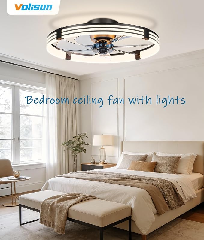 VOLISUN Low Profile Ceiling Fans with Lights and Remote, 24in Flush Mount Ceiling Fan with Light, 3000K-6500K Dimmable Fandelier LED Fan Light, Black Bladeless Ceiling Fans with Lights for Bedroom