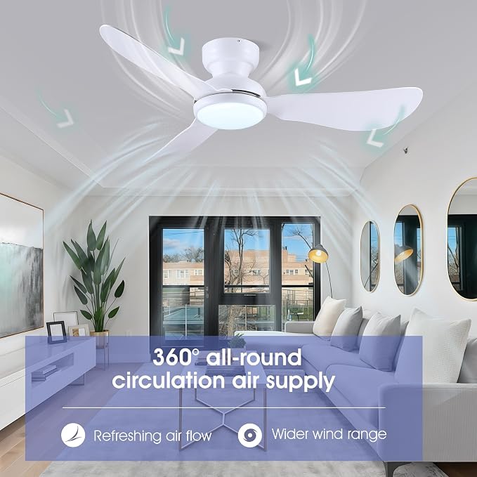 Kviflon 46 Inch Ceiling Fans with Lights, Small Flush Mount Ceiling Fan, Remote/APP Control, 3 Reversible Curved Blades, 6 Speeds, 3 CCT Dimmable Lights for Bedroom, White