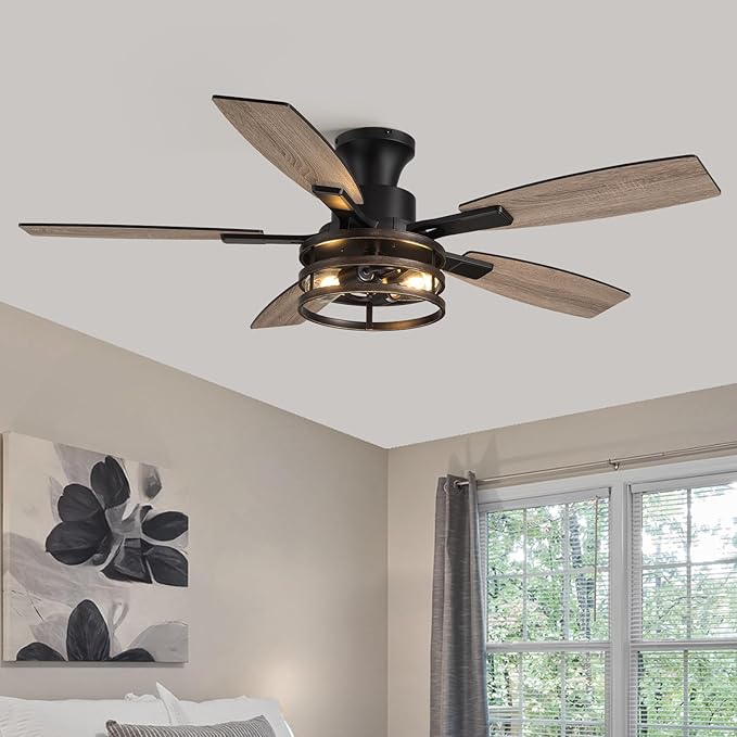 52 Inch Flush Mount Ceiling Fans with Lights and Remote Control, Low Profile Farmhouse Ceiling Fan for Bedroom Living Room and Patio, Black Caged Ceiling Fan for Indoor and Outdoor（No Bulb）