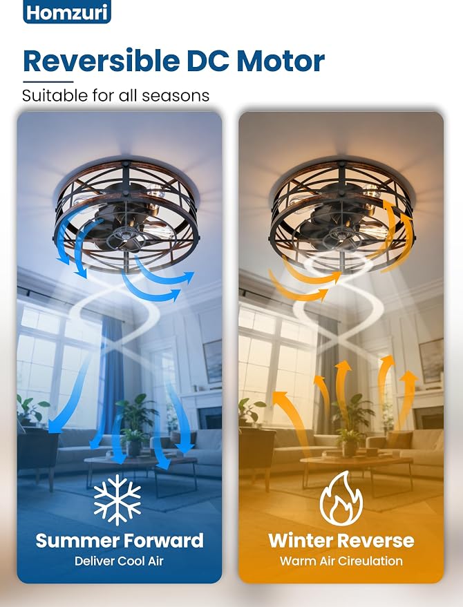 20" Caged Ceiling Fan with Light and Remote App Control, Rustic Round Flush Mount Low Profile Ceiling Fandelier Lights, 6 Speed and Reversible, Farmhouse Industrial Style for Bedroom, Kitchen