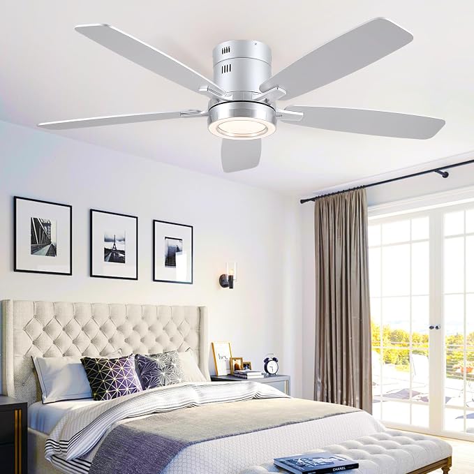 52 Inch Modern Ceiling Fans with Lights Flush Mount Indoor, Silver | Low Profile, Dimmable LED, Reversible, Quiet DC Motor, Wooden Blades, for Modern Apartment Bedroom Home Office Living Room