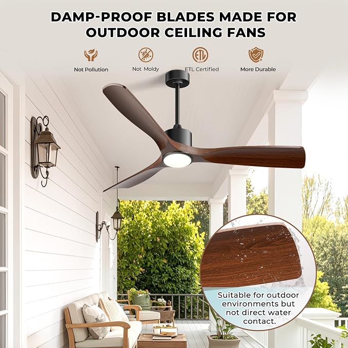 Ceiling Fans with Lights, Ceiling Fans with Lights and Remote, 60 inch Modern Smart Ceiling Fan with Light, Outdoor Ceiling Fans for Patios 3 Blade Bedroom Living Room Porch(Dark Walnut)
