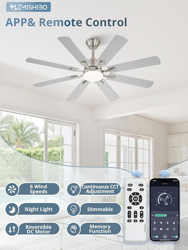 ZMISHIBO 52 inch Ceiling Fan with Light and Remote, 8 Blades Ceiling Fans with 20W LED Light, Quiet DC Motor, 6 Speeds, Stepless CCT & Dimmable, for Bedroom Living Room, Brushed Nickel