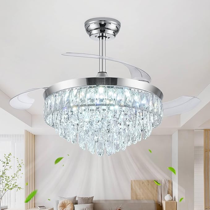 42'' Chandelier Ceiling Fan with Lights, Retractable Fan with Remote and APP, Crystal Fandelier Ceiling Fan, Dimmable LED, Reversible Motor, Quiet for Bedroom Living Room-Chrome