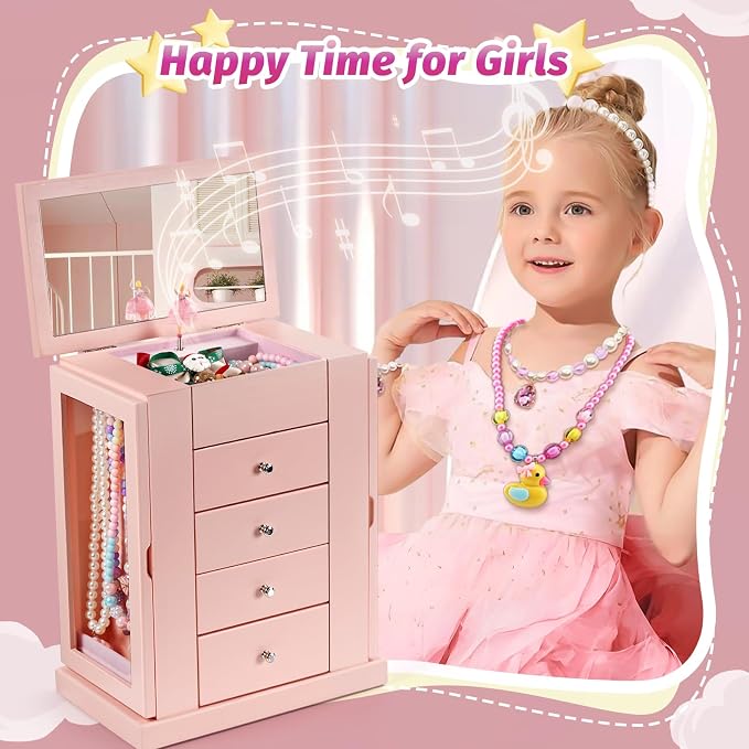 Emfogo Jewelry Box for Girls, Musical Jewelry Box with Spinning Dancer Gifts for Little Girls Christmas New Year Birthday Children's Day, 5 Layer Large Wooden Kids Music Jewelry Organizer Box(Pink)