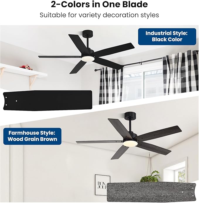 Modern 52 Inch Ceiling Fans with Lights and Remote for Bedroom Living Room Kitchen Home Office Indoor/Outdoor, 18W 3CCT Dual Color 5 Blades 6 Speed Reversible Quiet DC Motor, Black/Wood Grain