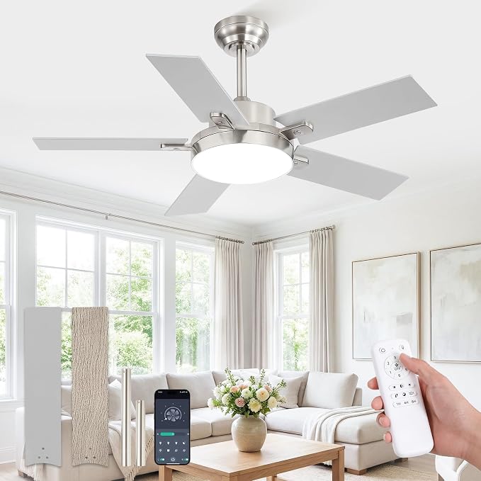 ZMISHIBO 42 Inch Ceiling Fans with Lights, Smart Remote/APP Control, Modern Ceiling Fan with 6 Speeds & 3CCT, Dimmable 30W LED, Quiet DC Motor, Noiseless for Living Room, Bedroom, Kitchen, Nickel