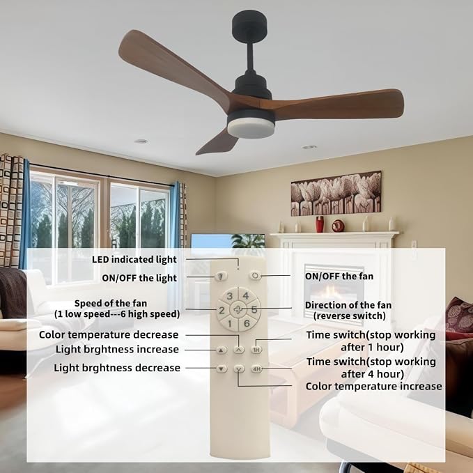 42 inch Ceiling Fan with Light,LED Lighting with 3 Color Dimming, 6 Speed Remote Control, Timing Function, and a Quiet Reversible Motor. Suitable for Bedrooms, Living Rooms, and Dining Rooms