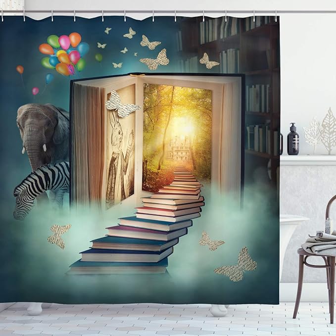 Ambesonne Fantasy Shower Curtain, Upstairs to Magic Book Forest Balloon Zebra Animal Butterflies, Cloth Fabric Bathroom Decor Set with Hooks, 69" W x 70" L, Teal and Yellow