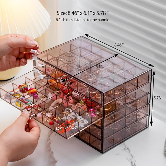 YUFONG Earring Storage Box Organizer, Acrylic Jewelry Storage Box Holder 5 Drawers Transparent Jewelry Display Stand with 120 Small Compartments Gift Boxes for Women Girls (Clear Purple Brown)