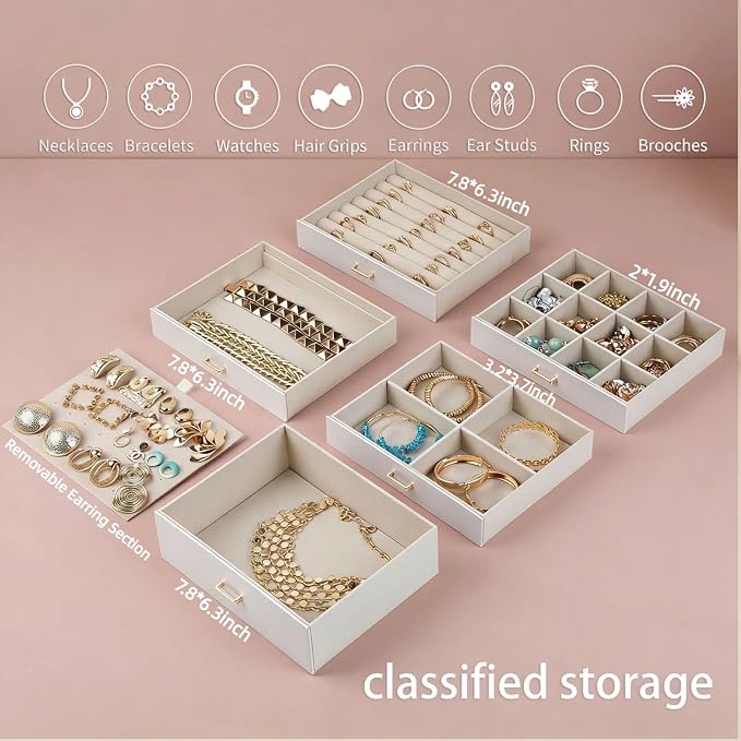 BOOVO Large Jewelry Boxes For Women (Pearl White, 6 Layer) | 6 Layers Jewelry Organizer Box With Cosmetic Storage Drawer, Necklace Ring Jewelry Organizer Box