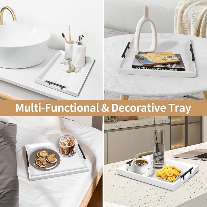SXNOWS Wood Serving Tray with 2 Sets of Handles,White | Rectangle 16.5x13 Inch Ottoman Decorative Tray for Coffee Table Kitchen Bar Living Room Breakfast in Bed, 4 Coasters Included