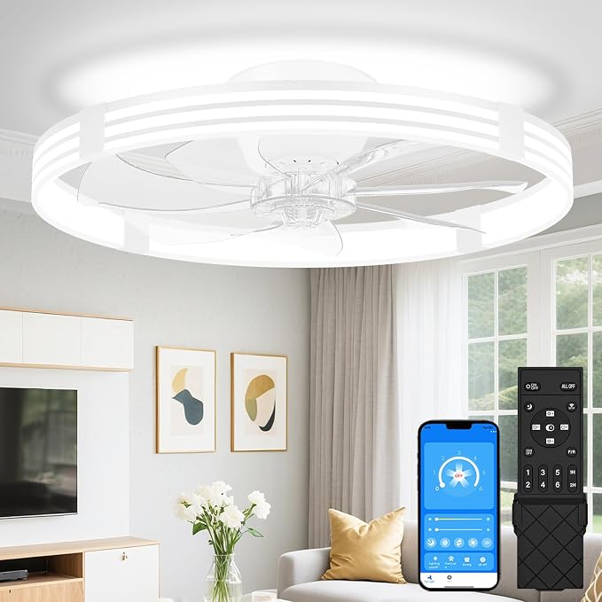VOLISUN Low Profile Ceiling Fans with Lights and Remote, 24in Flush Mount Ceiling Fan with Light, 3000K-6500K Dimmable Fandelier LED Fan Light, White Bladeless Ceiling Fans with Lights for Bedroom