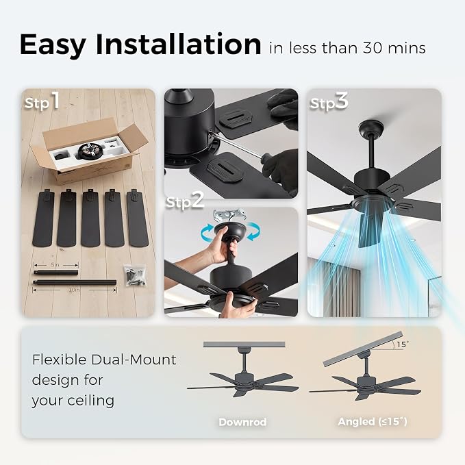 Obabala 52 Inch Ceiling Fan No Light, Modern Black Ceiling Fan Without Light with Remote & APP, Quiet Reversible DC Motor, 6-Speeds, for Living Room, Bedroom, Patio