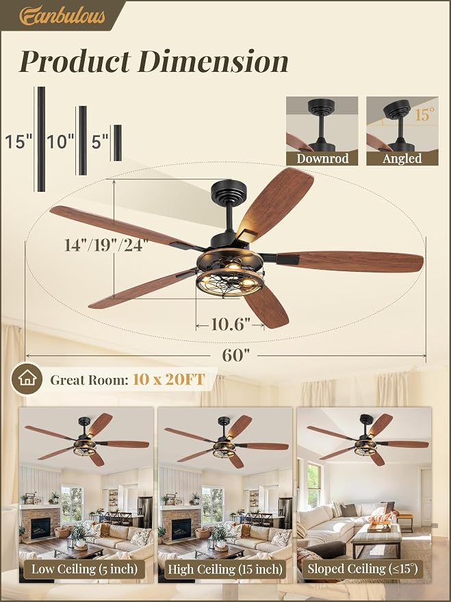 Fanbulous Farmhouse Ceiling Fan with Light and Remote, Industrial Caged Flush Mount Ceiling Fans with 6 Speed Reversible Motor and Dual Finish 5 Blades, for Living room, Bedroom (Black, 60 Inch)
