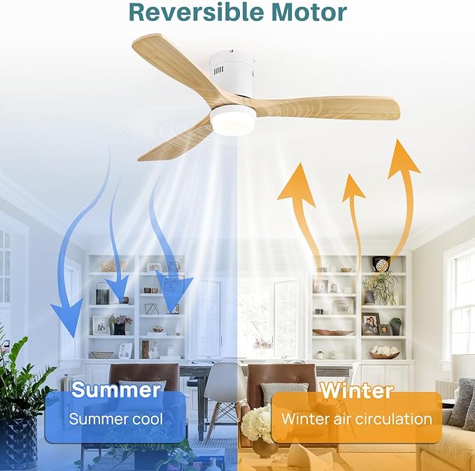 Sofucor 52 Inch Smart Natural Wood Ceiling Fans with Light Flush Mount Low Profile Modern Outdoor Solid Wood Ceiling Fan with Alexa/Google/APP/Remote Control for Bedroom/Living Room/Kitchen/Patio/Gym