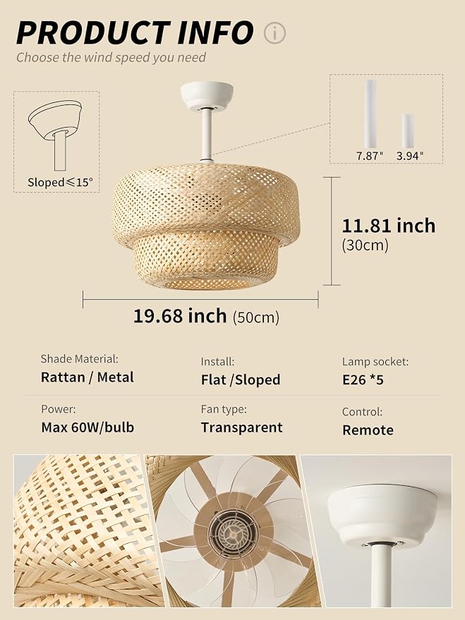 SYDACG Boho Ceiling Fans with Lights, 20" Rattan Ceiling Fan with Light Remote Control, Caged Fandelier with 6 Speeds for Bedroom, Nursery, Living Room