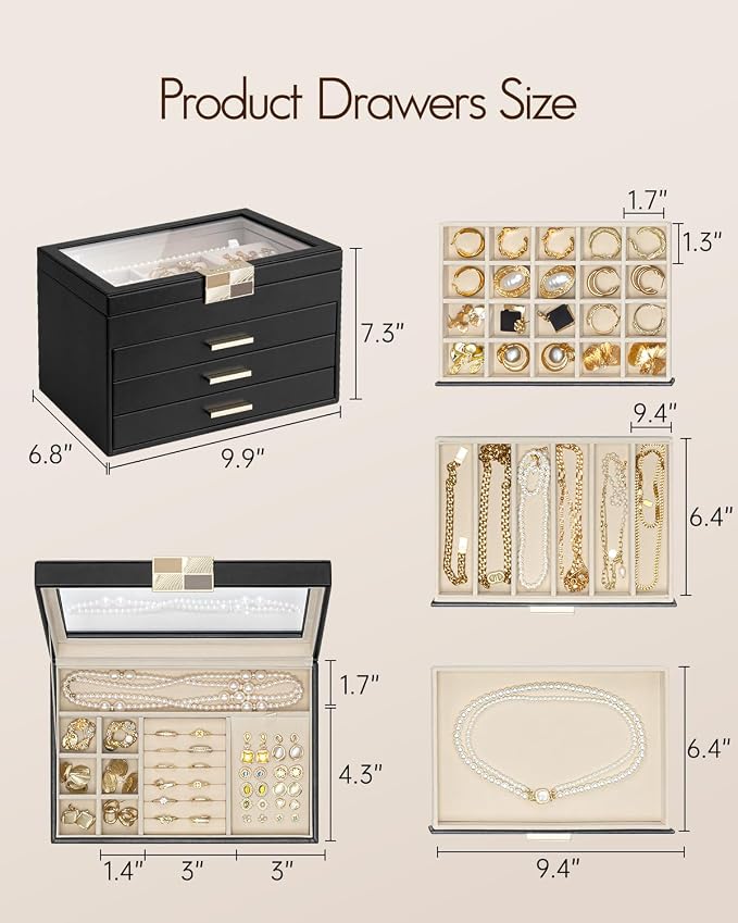 VLANDO Jewelry Box Organizer for Women, 4-Layer Jewelry Storage Case with Glass Lid, Gold Handle, 3 Drawers for Rings, Earrings, Necklaces and Bracelets - Black