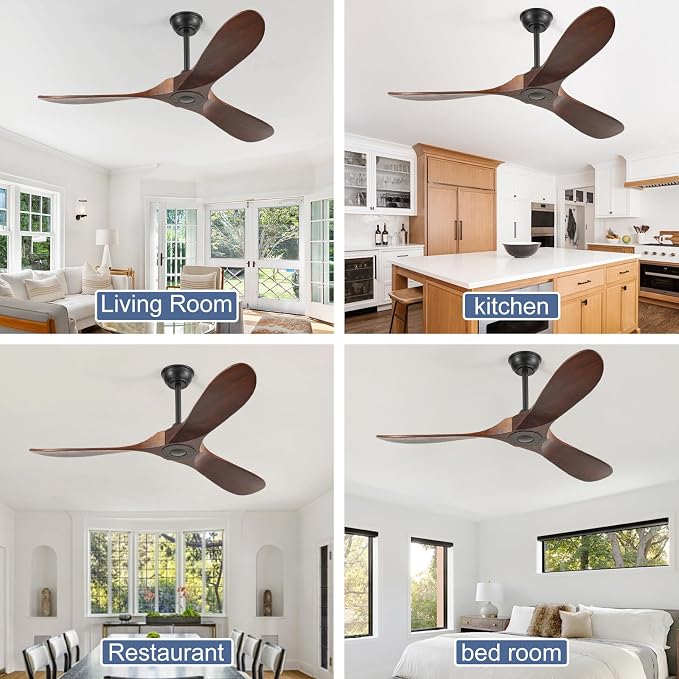 52'' Solid Real Wood Ceiling Fan no Light,DC Motor 6 Speeds Adjustable with Large Airflow,Outdoor Ceiling Fan Dark Walnut Finished for Garage,Gazebo,Living Room,Bedroom