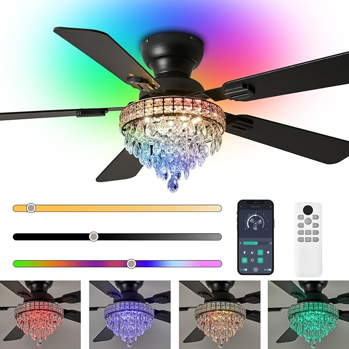 52“ Crystal Ceiling Fans with RGB Lights, Remote/App Control, Modern Fandelier Ceiling Fan Flush Mount, Reversible DC Motor, Dimmable, Bedroom Chandelier Fan, (Black)