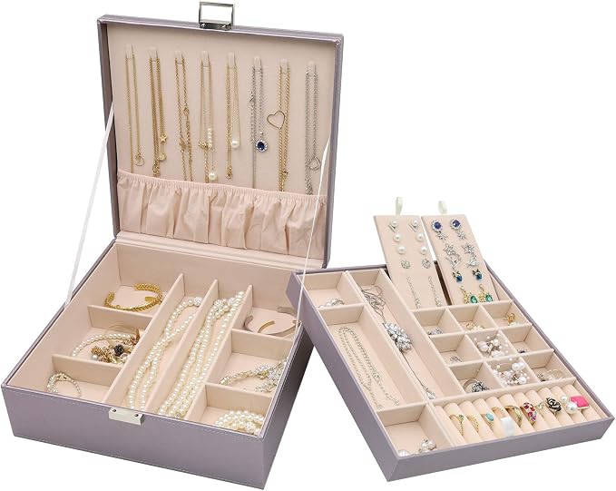 ProCase 2 Layers Jewelry Box for Women -Pearlizedsilver | Large Leather Jewelry Organizer Storage Case with Removable Pad for Earrings