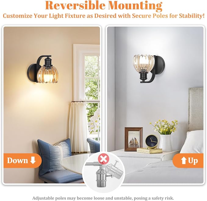 VerRon Rechargeable Battery Operated Wall Sconce Set of Two with Amber Glass Lampshade, Wireless Wall Scone Decor with Remote Control, 15 Colors Black Wall Light for Bedside Hallway Bedroom Doorway