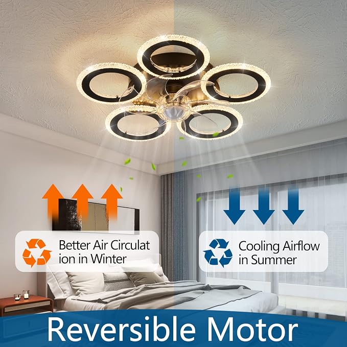 Dalouguan Ceiling Fan with Lights Remote Control, 20" Black Personality Geometric 6 Speeds 3 Light Color Low Profile Flush Mount Ceiling Fan for Kitchen Bedroom