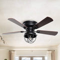 42 Inch Flush Mount Ceiling Fan with Light and Remote, Farmhouse Low Profile Ceiling Fan with Vintage Wood Blades, Black Caged Fandelier with Reversible Quiet Motor, E26 Base for Bedroom Living Room