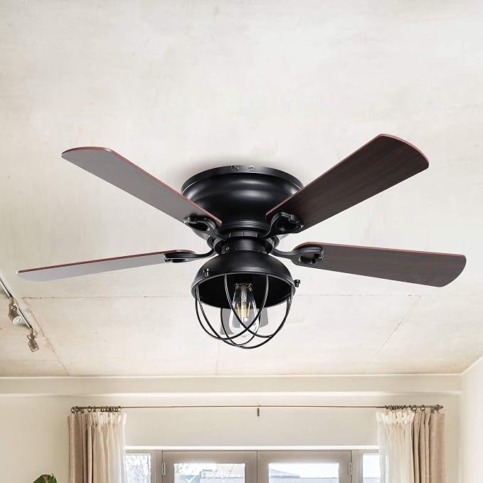 42 Inch Flush Mount Ceiling Fan with Light and Remote, Farmhouse Low Profile Ceiling Fan with Vintage Wood Blades, Black Caged Fandelier with Reversible Quiet Motor, E26 Base for Bedroom Living Room
