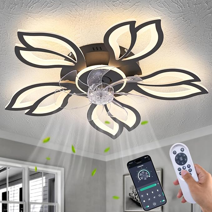 Modern Ceiling Fans with Lights, Low Profile Ceiling Fan with Remote for Bedroom, Flush Mount Ceiling Fan with LED Dimmable Light,3-Colors, 6-Speeds, Timing CeilingFan Light-Black Leaves