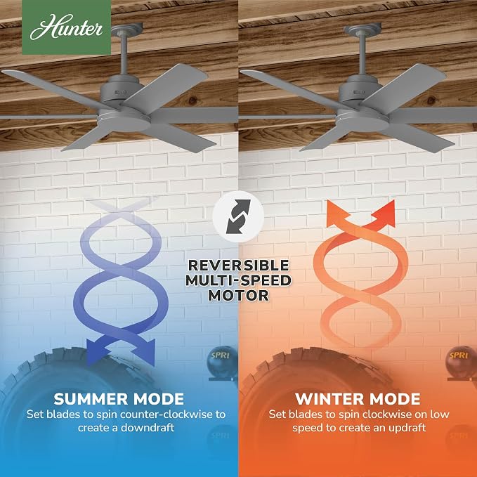 Hunter Kennicott, Outdoor or Indoor, Ceiling Fan, 52 inch, Matte Silver | No Light, Standard Mount, Wall Control, 6 Blades, For Living Room, Patio, Porch, Garage, 51179