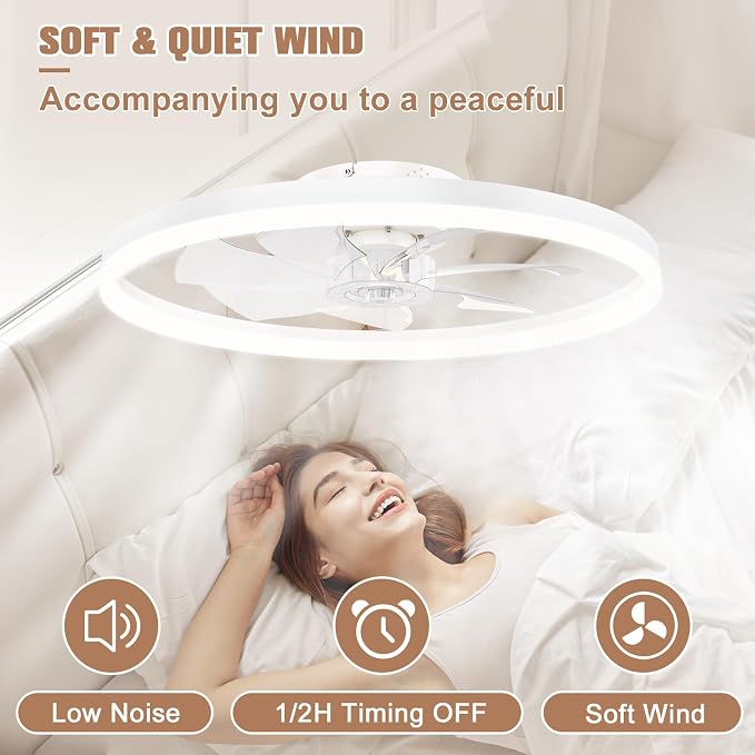 VOLISUN Low Profile Ceiling Fans with Light and Remote,No Assembly,23.6in Bladeless Ceiling Fan with Lights,3000K-6500K Dimmable Flush Mount LED Fan Light,White Fandelier Ceiling Fans for Bedroom