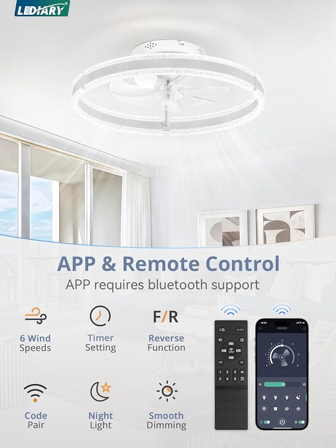 LEDIARY Ceiling Fans with Lights and Remote, 20'' Low Profile Ceiling Fan with Light, 3000-6000K Dimmable Fandelier Ceiling Fans, Modern Flush Mount Fan Light for Bedroom with 6 Wind Speeds- White