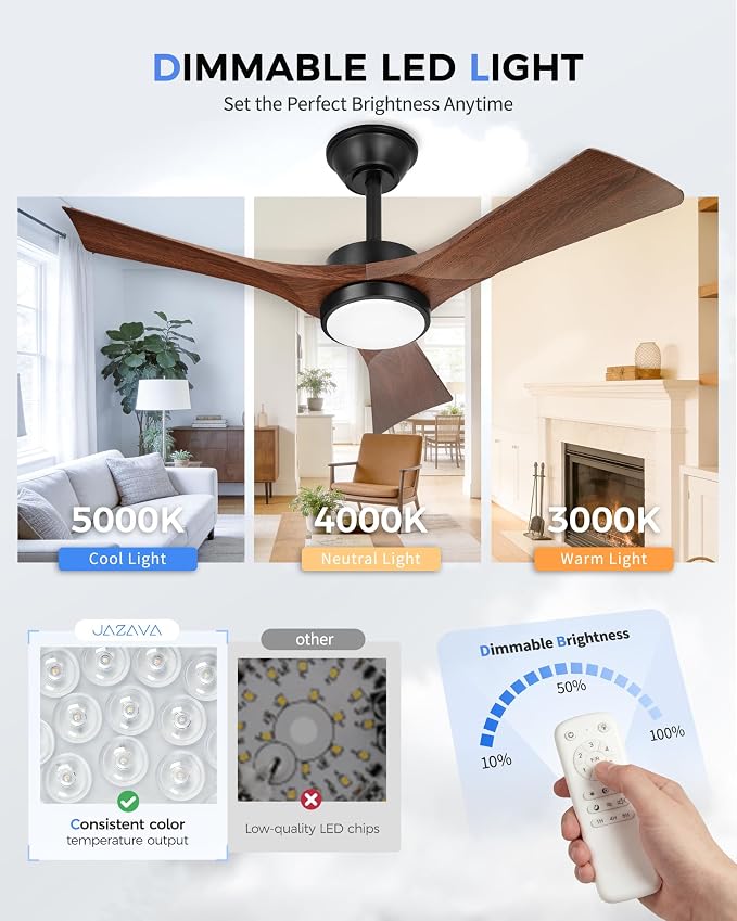 42" Ceiling Fan with Light, Damp Rated for Covered Outdoor Patio, ABS Blades, Quiet DC Motor, 3CCT Dimmable LED, Remote Control, Modern Indoor Outdoor Fan, ZCCF08WD-42