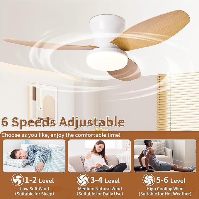 Small Ceiling Fan with Light and Remote, 32'' Flush Mount, 6 Speeds | Reversible Quiet DC Motor,Modern,3 Blades,Dimmable LED,Adjustable Color Temperature,Timer for bedroom Kitchen indoor outdoor