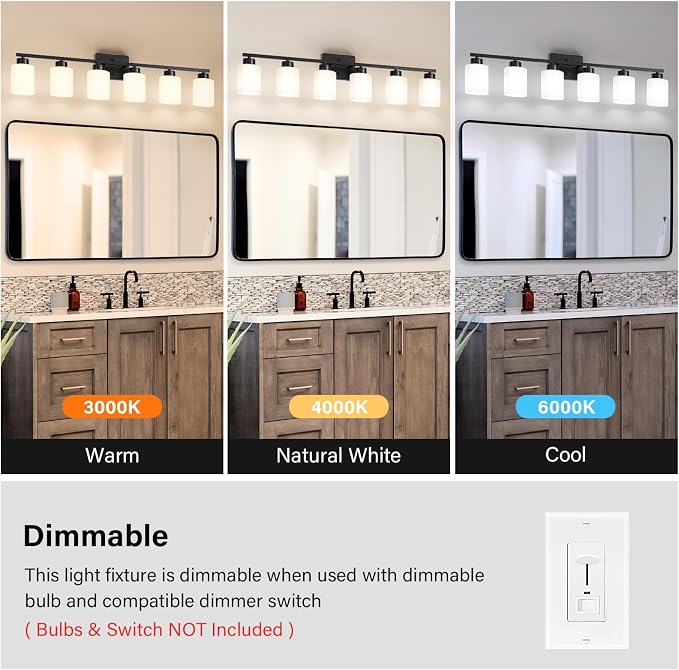 FonmYim Black Bathroom Light Fixtures, 6-Light Modern Vanity Light Over Mirror, Wall Sconces with Milky White Frosted Glass Shades, E26 Socket (Bulbs Not Included)