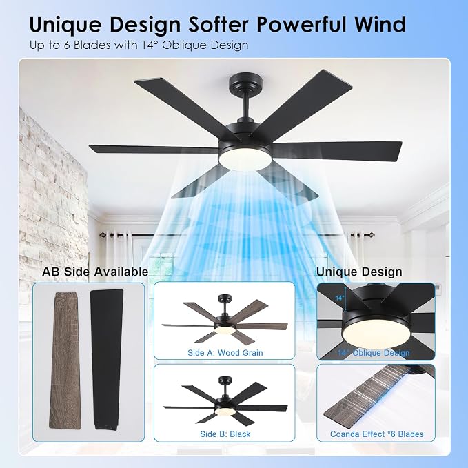 BayDay Farmhouse Rustic Ceiling Fans with Lights and Remote, Bedroom Living Room Kitchen Fans Ceiling with Light Chandier (Black, 52 inch)