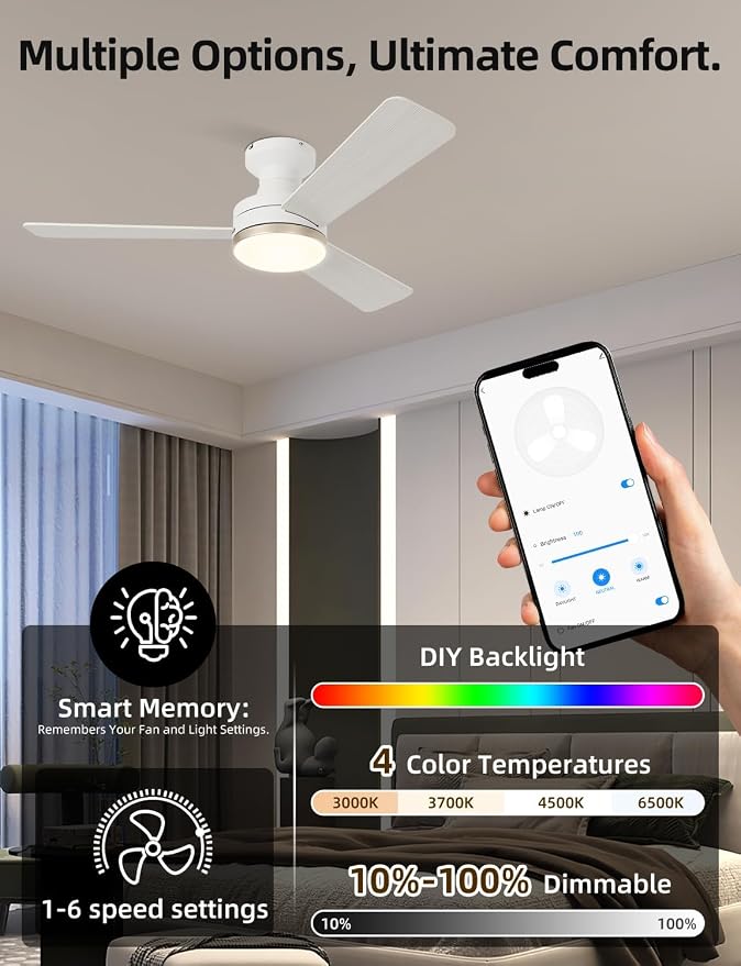 42" RGB Ceiling Fan with Light, Music Sync Smart Fan Works with Alexa/Google Assistant/App Control, Low Profile Flush Mount, 6-Speed Quiet DC Motor, 4 CCT Dimmable Lighting for Bedroom, Champagne Gold