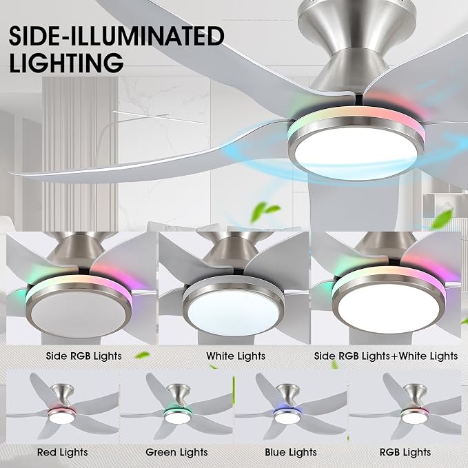 46" Ceiling Fans with Lights Remote/APP Control, Low Profile Ceiling Fans with Dimmable White Colors+Ring RGB Lights, 6 Speeds 5 Reversible Curved Blades for Kids Room Bedroom Living Room Bar, Nickel