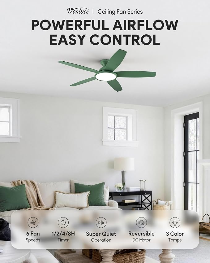 VONLUCE Ceiling Fans with Lights, 52 Inch Ceiling Fan and Remote, Full-spectrum LED Light, 3CCT, 6-Speeds Noiseless Reversible DC Motor, Modern Ceiling Fan for Farmhouse Bedroom Indoor, Green