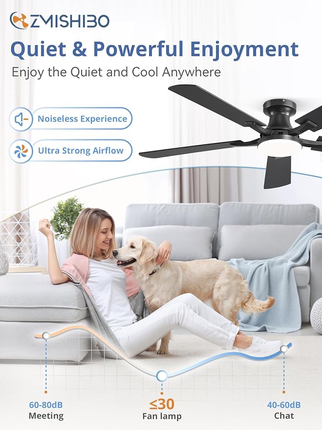 ZMISHIBO 52 Inch RGB Ceiling Fan with Light, App&Remote Control, Flush Mount Low Profile, Dimmable 20W LED Light, Quiet Reversible Motor for Bedroom, Living Room, Apartment, Black