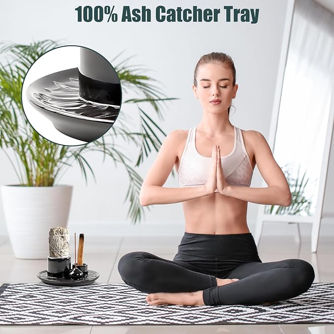 Palo Santo Holder, 4 in 1 Incense Burner Holder, Ceramic Ash Catcher Tray for Meditation Room, Candle Holder for Burning Sage, Palo Santo, Black