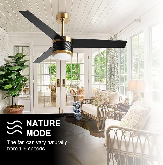 reiga 52" Modern 3 Blades Black Gold DC Motor Ceiling Fan with Light | Wood Ceiling Fans,6 Speeds Timer Compatible with Remote Control/Alexa/Google Home for Living room Bedroom Patio Farmhouse