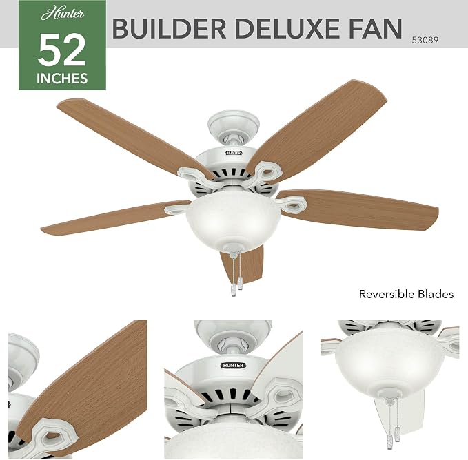 Hunter Builder Deluxe, Indoor, Ceiling Fan, with LED Light, 52 inch, White