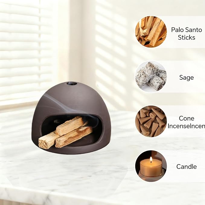 Palo Santo Stick Holder, Handmade Ceramic Smoking Bowl for Sage and Palo Santo, Ash Catcher with Mini Chimney for Energy Cleansing, Yoga, Meditation Relaxation (Circular)