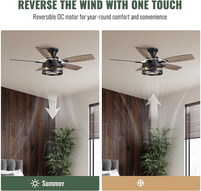 42 Inch Flush Mount Ceiling Fans with Lights and Remote, Farmhouse Low Profile Ceiling Fan with LED Lighting for Bedroom Living Room and Patio, Black Caged Ceiling Fan for Indoor and Outdoor(NO Bulbs)